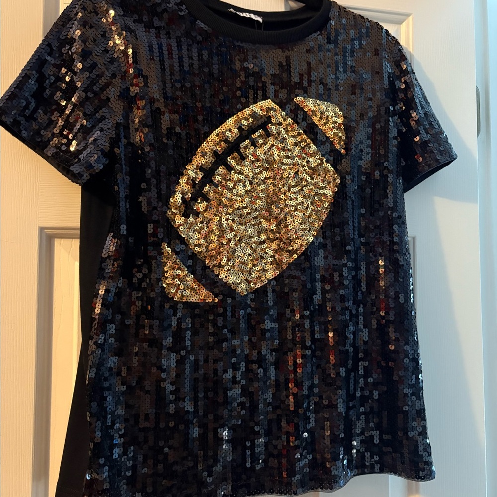 Glittery Sequin Football size small Women's Tee - Black and Gold
